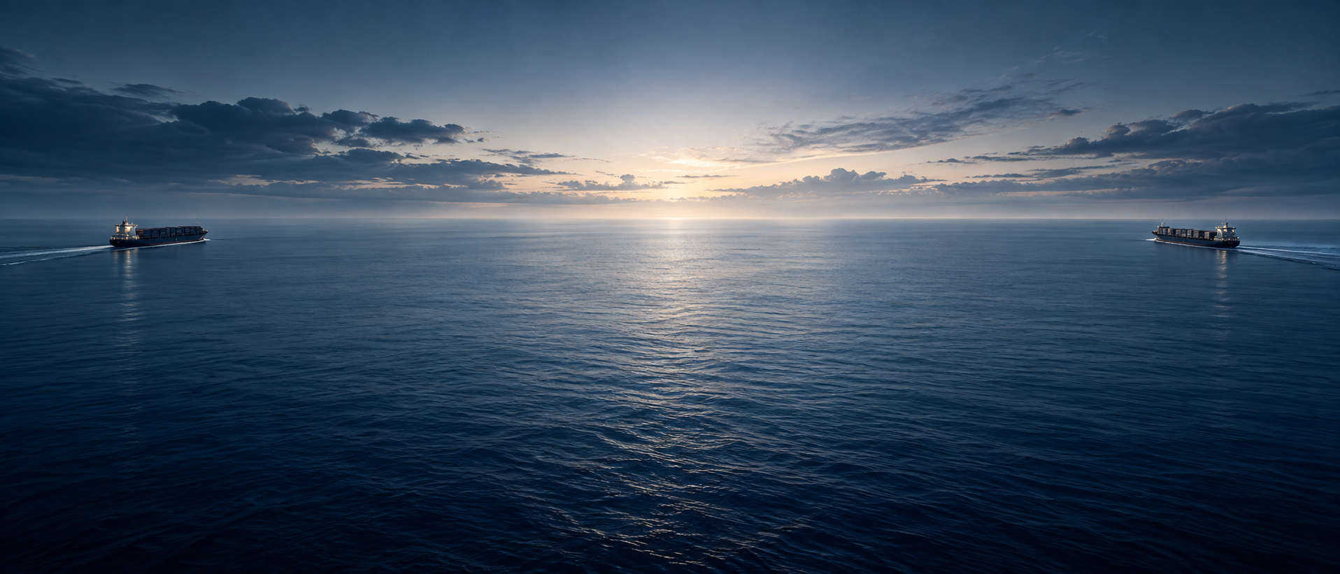 Very wide distant two cargo ships near opposite outer edges of a vast calm blue ocean at blue hour, center intentionally empty, pale luminous horizon and fine silver wakes.