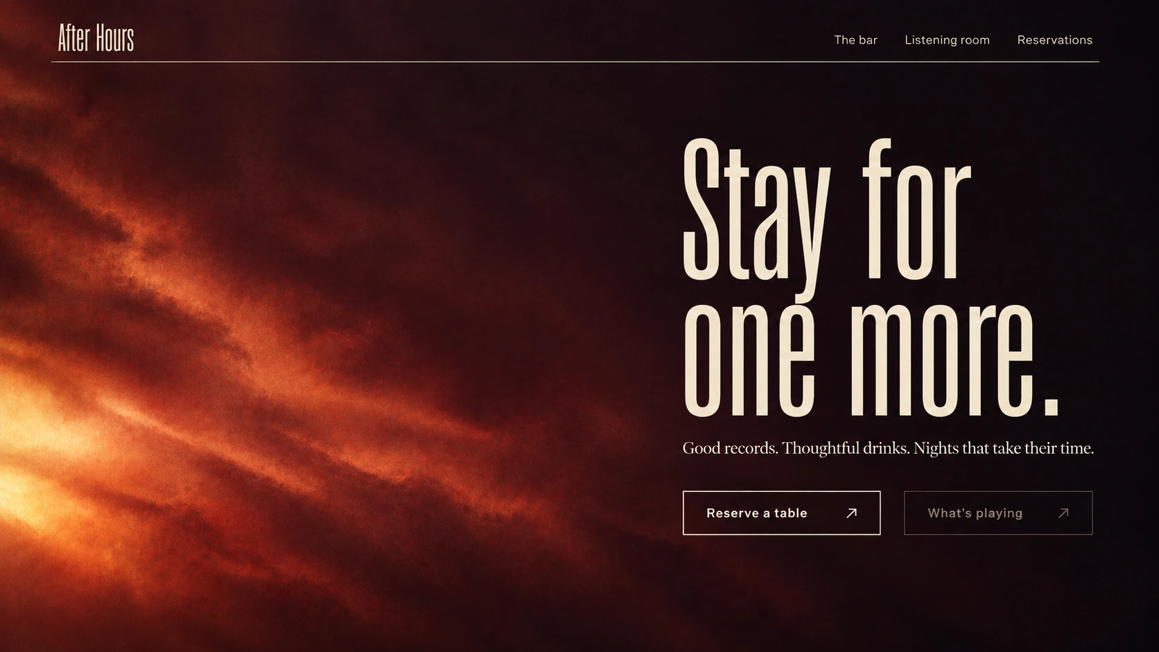 After Hours · Listening bar. Static website hero mockup using Burgundy afterglow imagery.