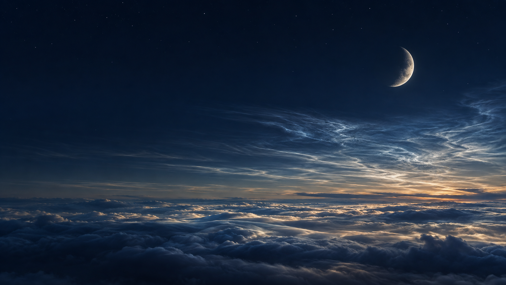 A delicate crescent moon above a low ocean of softly illuminated clouds, with quiet dark sky dominating.