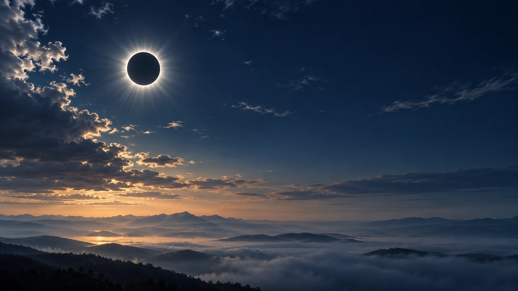A small total solar eclipse above a distant misty horizon, extremely fine silver corona and deep ink-blue atmosphere.