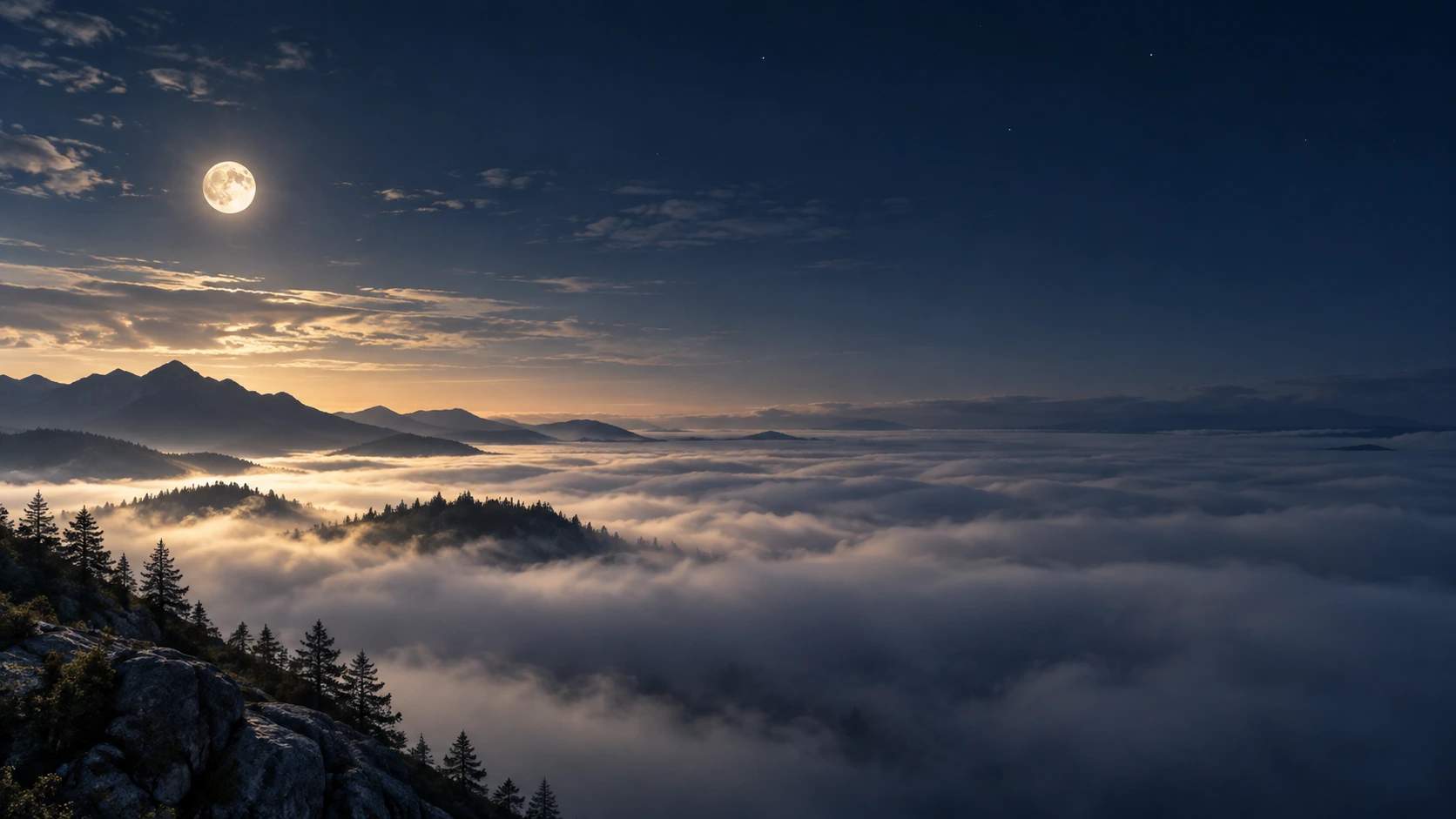 A broad layer of luminous ground fog under a clear early night sky, only a handful of tiny stars visible.