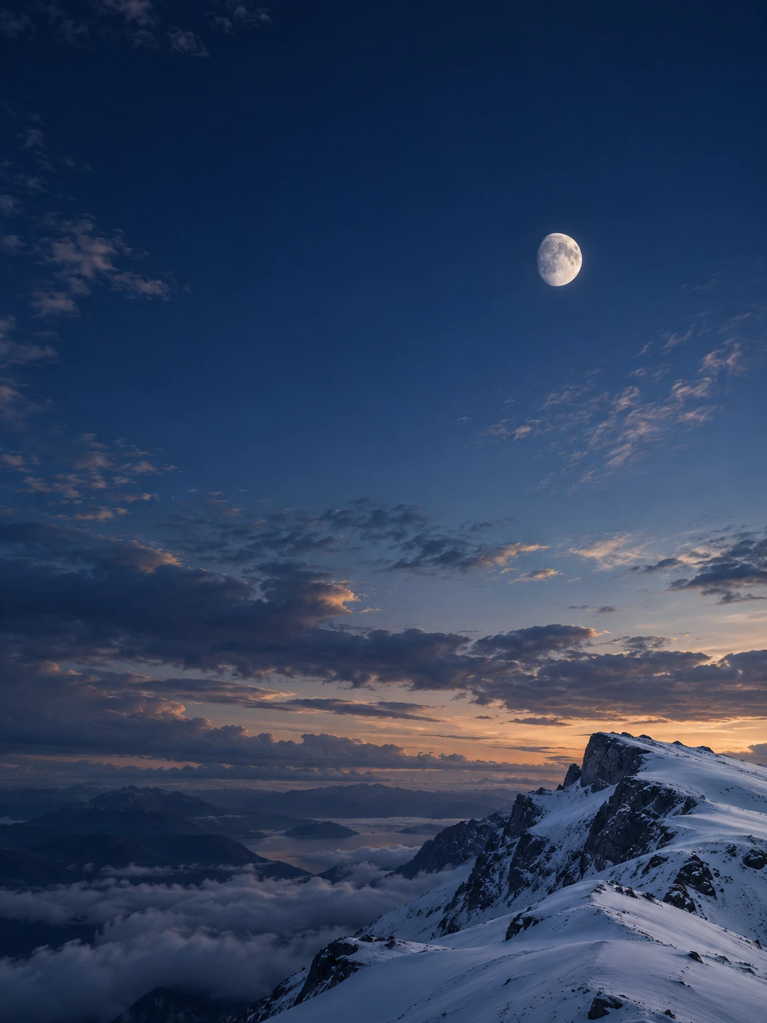 A pale moon hovers above a remote snow ridge at blue hour, ridge confined to the bottom right, immense calm sky.
