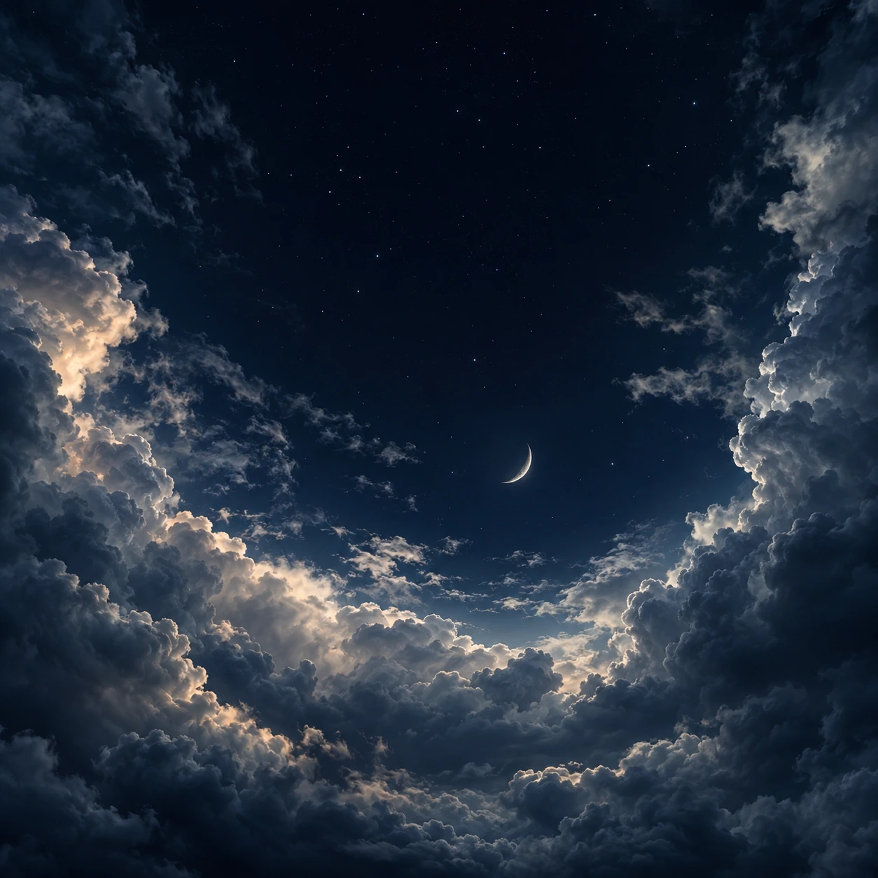 View upward through a circular break in sculptural moonlit storm clouds, revealing a tiny crescent and dark sky.