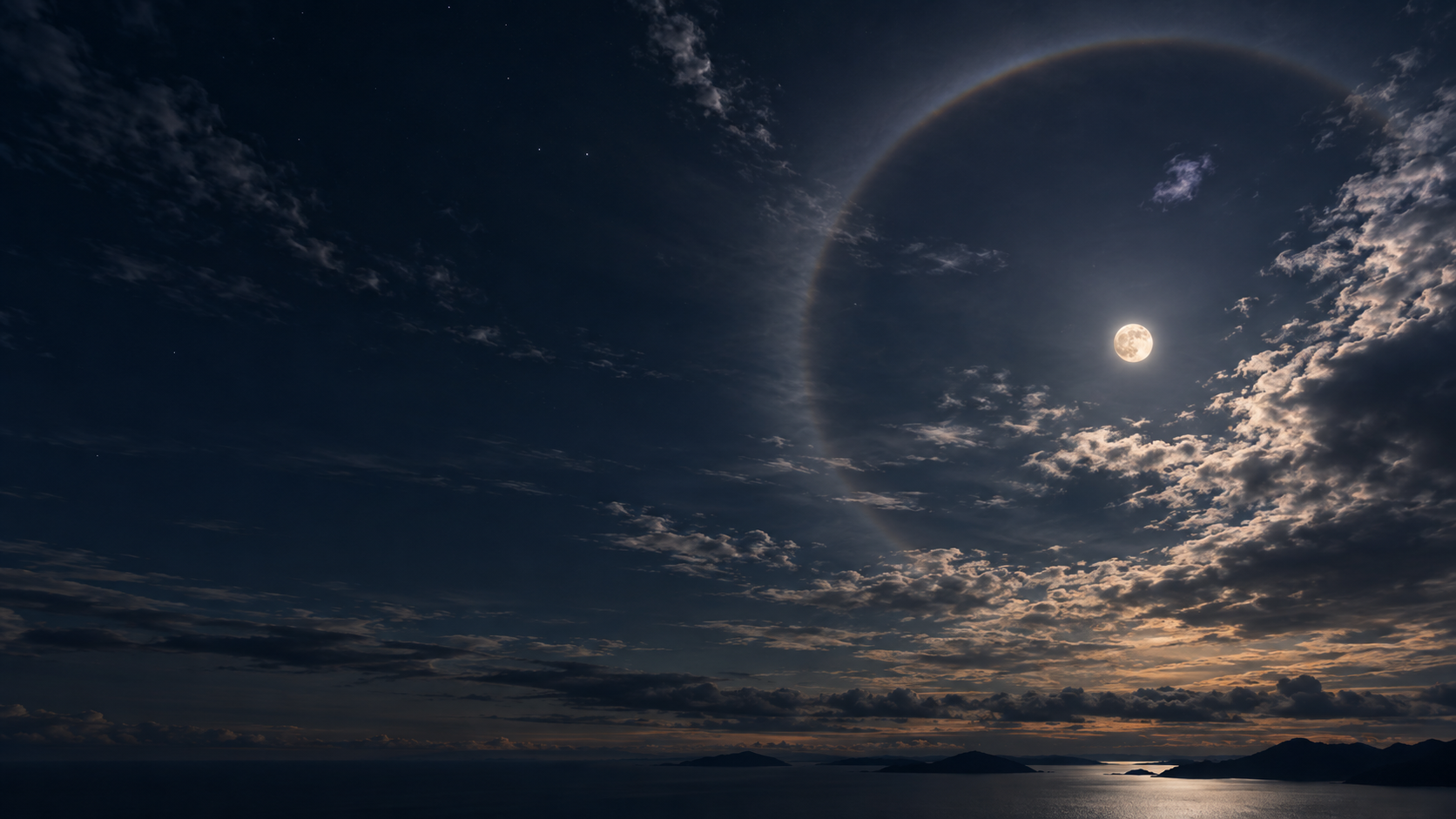 A faint authentic lunar halo arcs across a quiet dark sky, moon small and offset, low silver clouds.