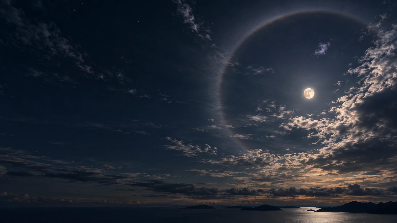 A faint authentic lunar halo arcs across a quiet dark sky, moon small and offset, low silver clouds.