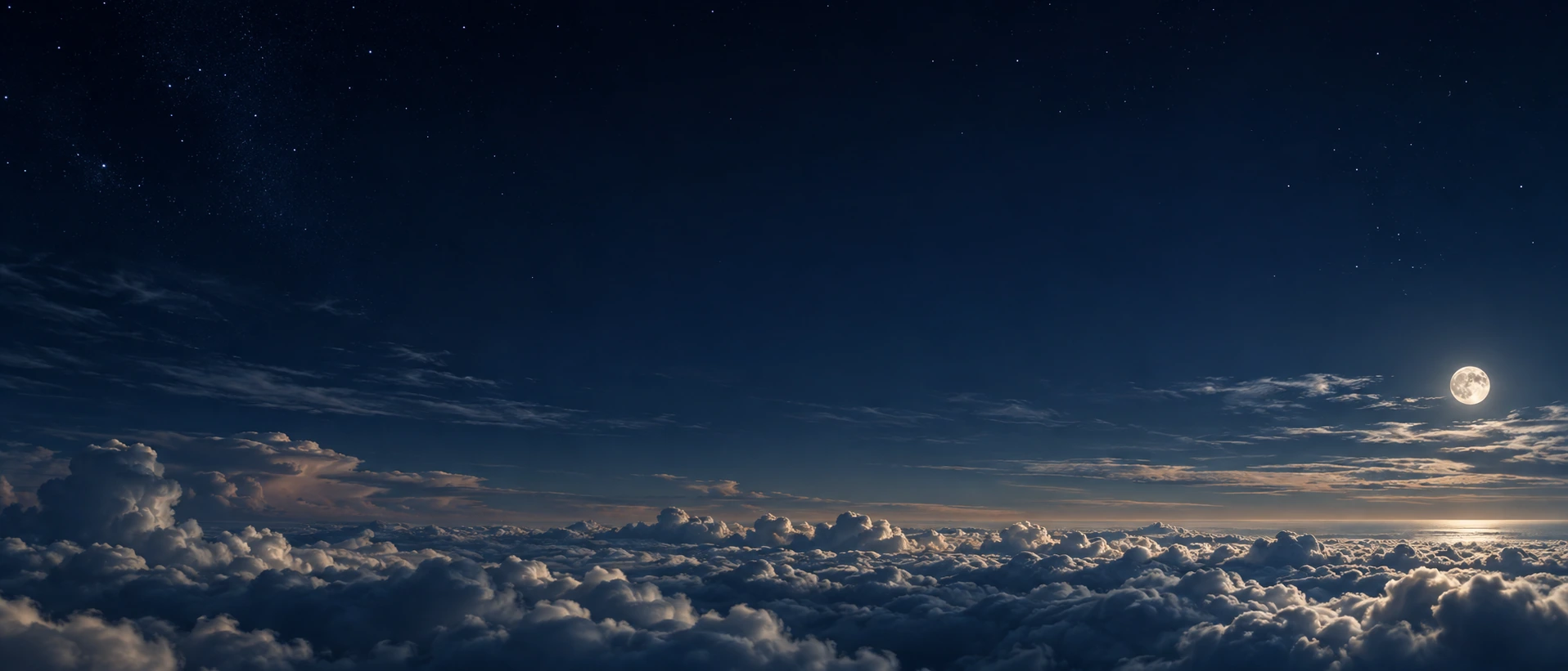 A panoramic moonlit cloudbank resembles a quiet silver tide across the very bottom, with a tiny moon near the far right.