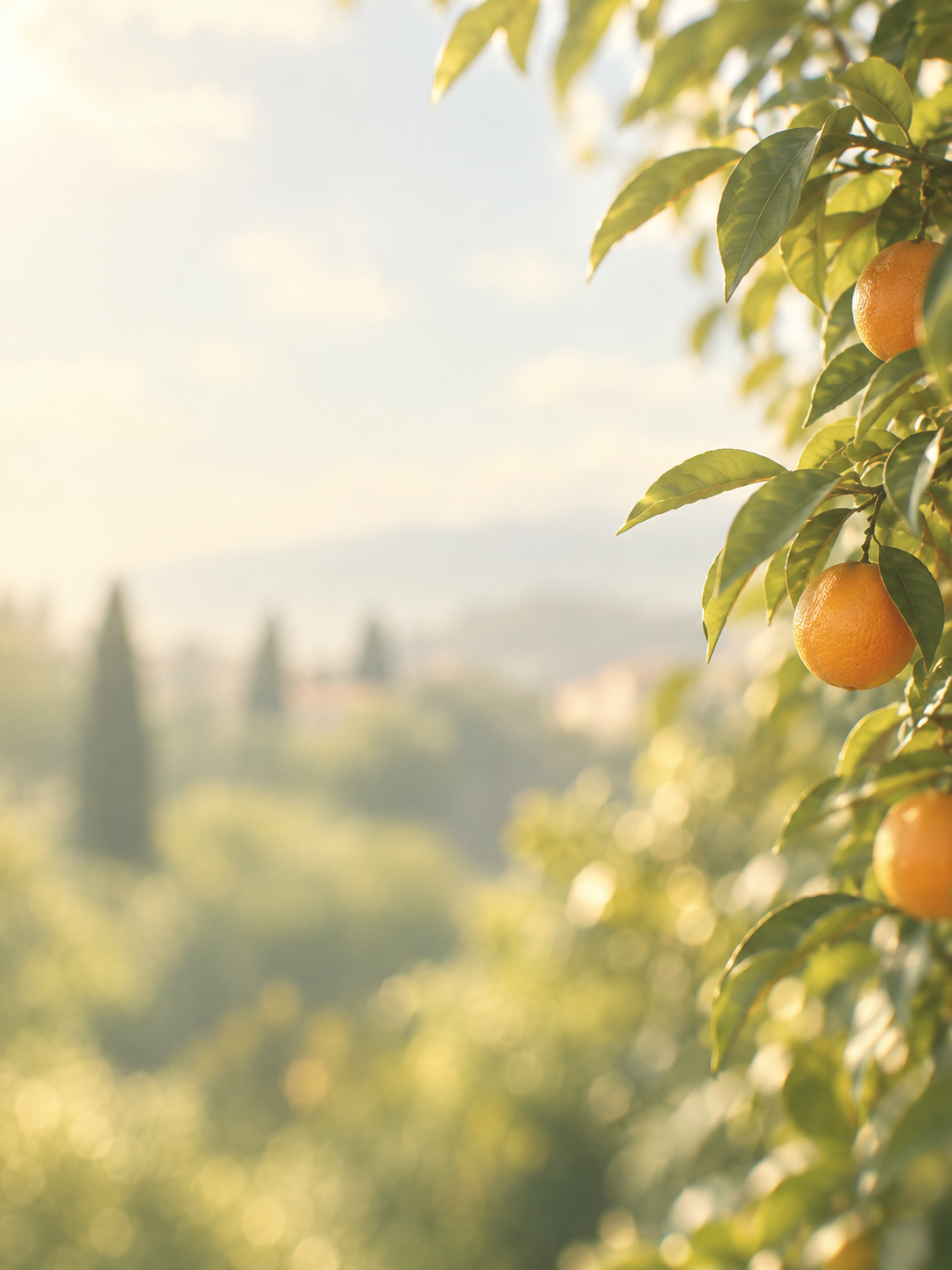A bright, sunlit garden with a citrus palette. Mobile hero or tall editorial panel.
