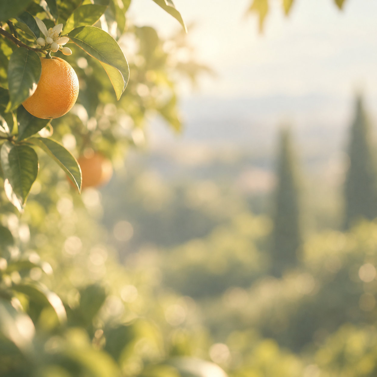 A bright, sunlit garden with a citrus palette. Service, journal or feature card.