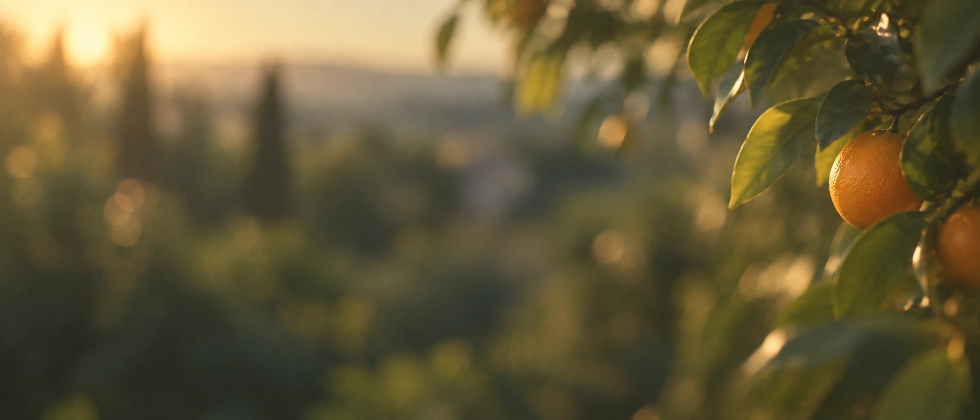 A bright, sunlit garden with a citrus palette. Dark section or closing banner.
