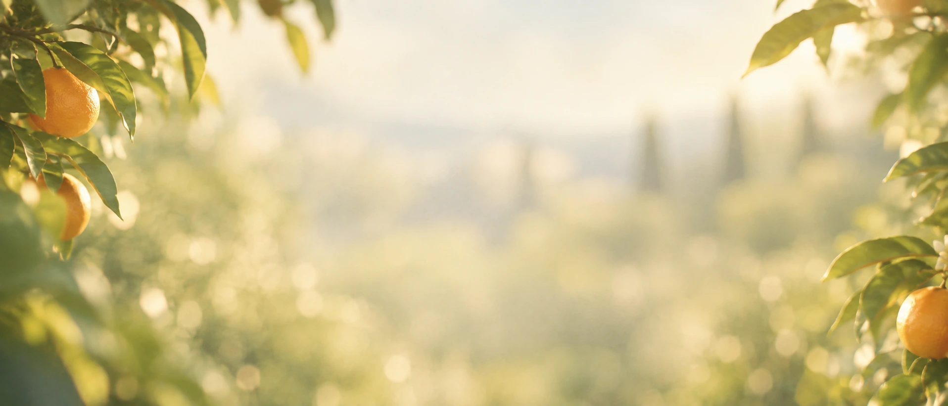 A bright, sunlit garden with a citrus palette. Closing call-to-action or signup section.