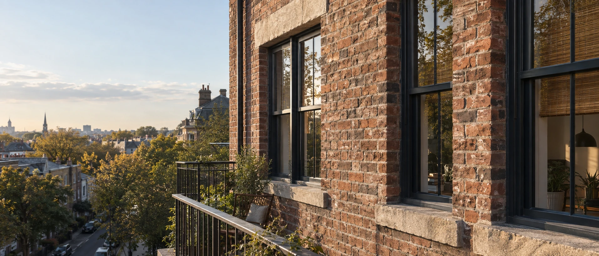 Textured red-brick apartments with sandstone sills, tall steel windows and a tree-lined city view.