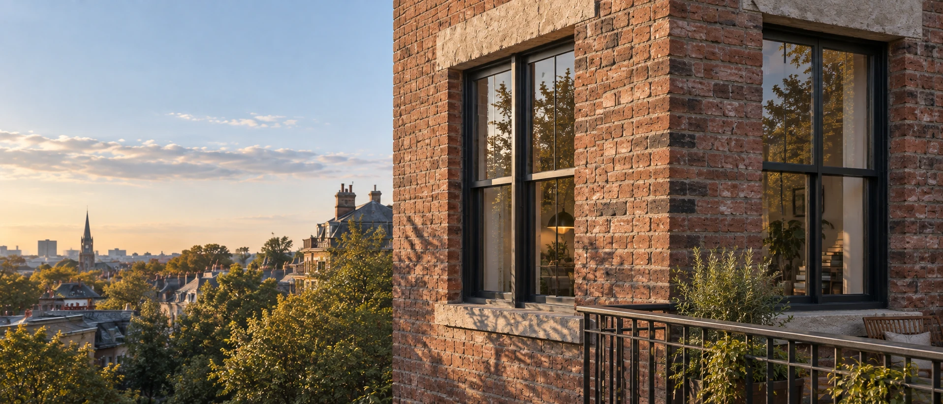 Brickwork above the trees. Cinematic photographic architecture with tactile sandstone, brick and metal.
