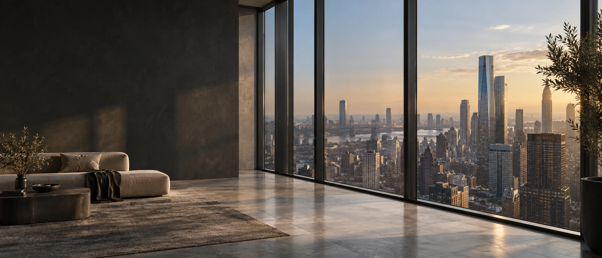 High-floor apartment interior with full-height windows on right overlooking a soft city skyline, graphite window frames, stone floor, quiet dark plaster wall on left for text.