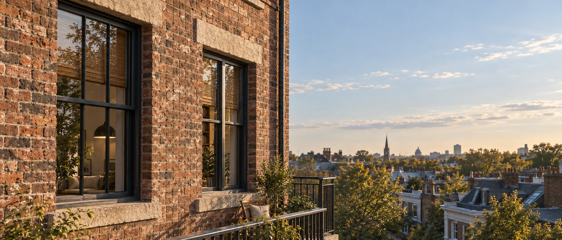 City windows in late light. Cinematic photographic architecture with tactile sandstone, brick and metal.