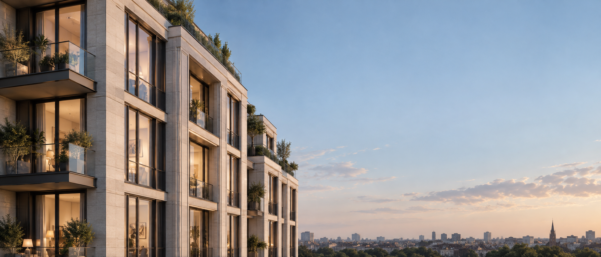 Refined pale-stone midrise residential facade on LEFT in oblique view, right half clean slate-blue sky, warm subtle interior lights, impeccable window rhythm.