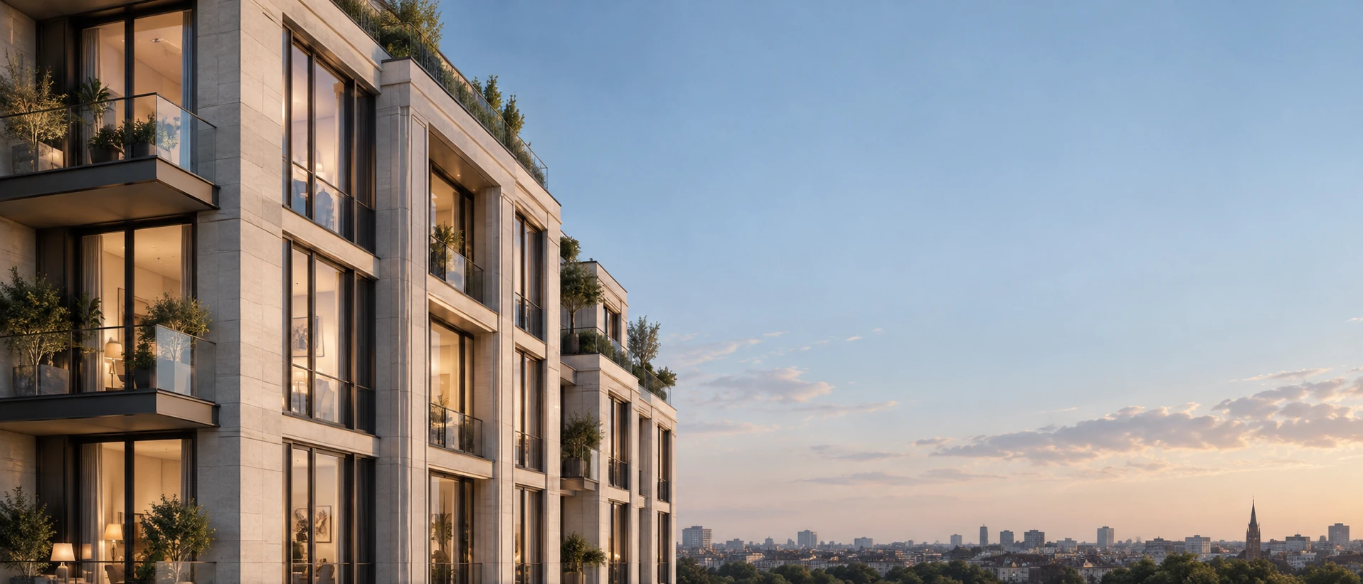 Refined pale-stone midrise residential facade on LEFT in oblique view, right half clean slate-blue sky, warm subtle interior lights, impeccable window rhythm.
