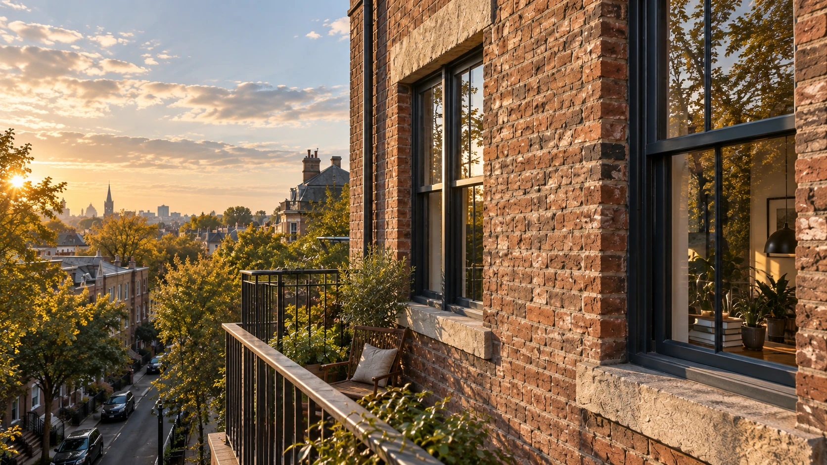 A neighborhood in evening light. Cinematic photographic architecture with tactile sandstone, brick and metal.