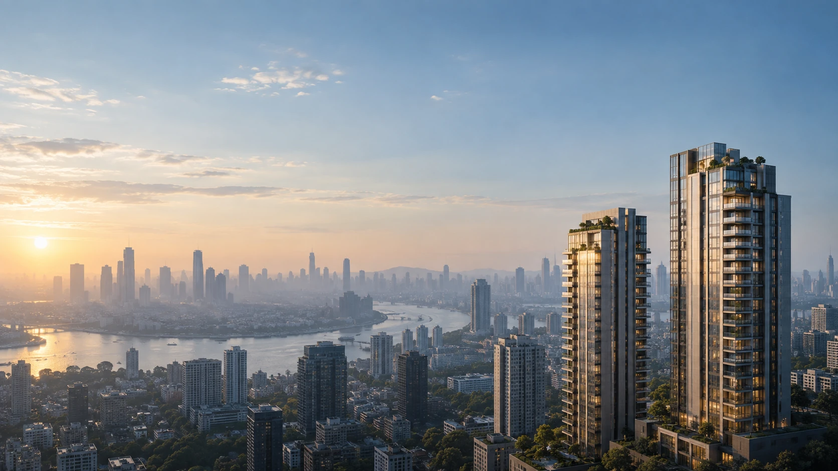 Wide aerial cityscape in soft early morning haze, a pair of refined residential towers lower right, muted blue silhouettes receding into distance, spacious skyline.