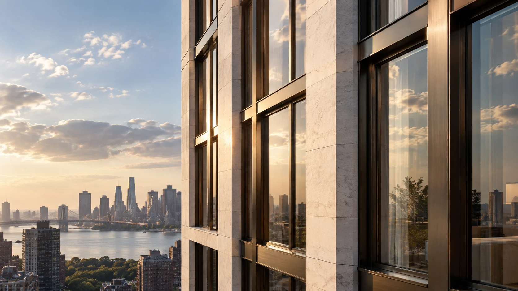 Close study of bronze window mullions and pale stone facade, oblique warm sunlight, crisp realistic repeating bays, reflective glass with faint cloud reflections.