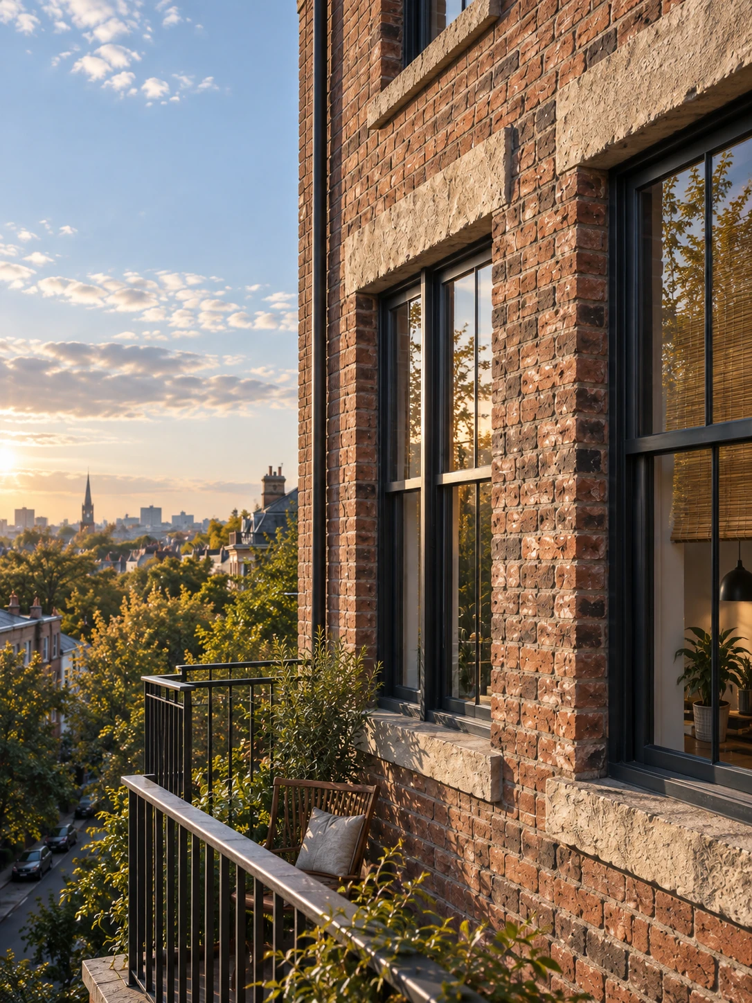 A city home in portrait. Cinematic photographic architecture with tactile sandstone, brick and metal.