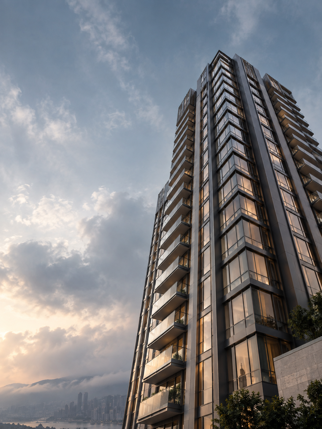 Looking upward along a graphite and bronze residential tower rising from bottom right into huge cool misty sky, refined vertical lines.