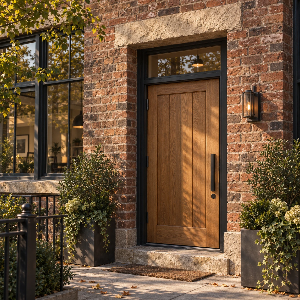 Oak doorway, brick surround. Cinematic photographic architecture with tactile sandstone, brick and metal.