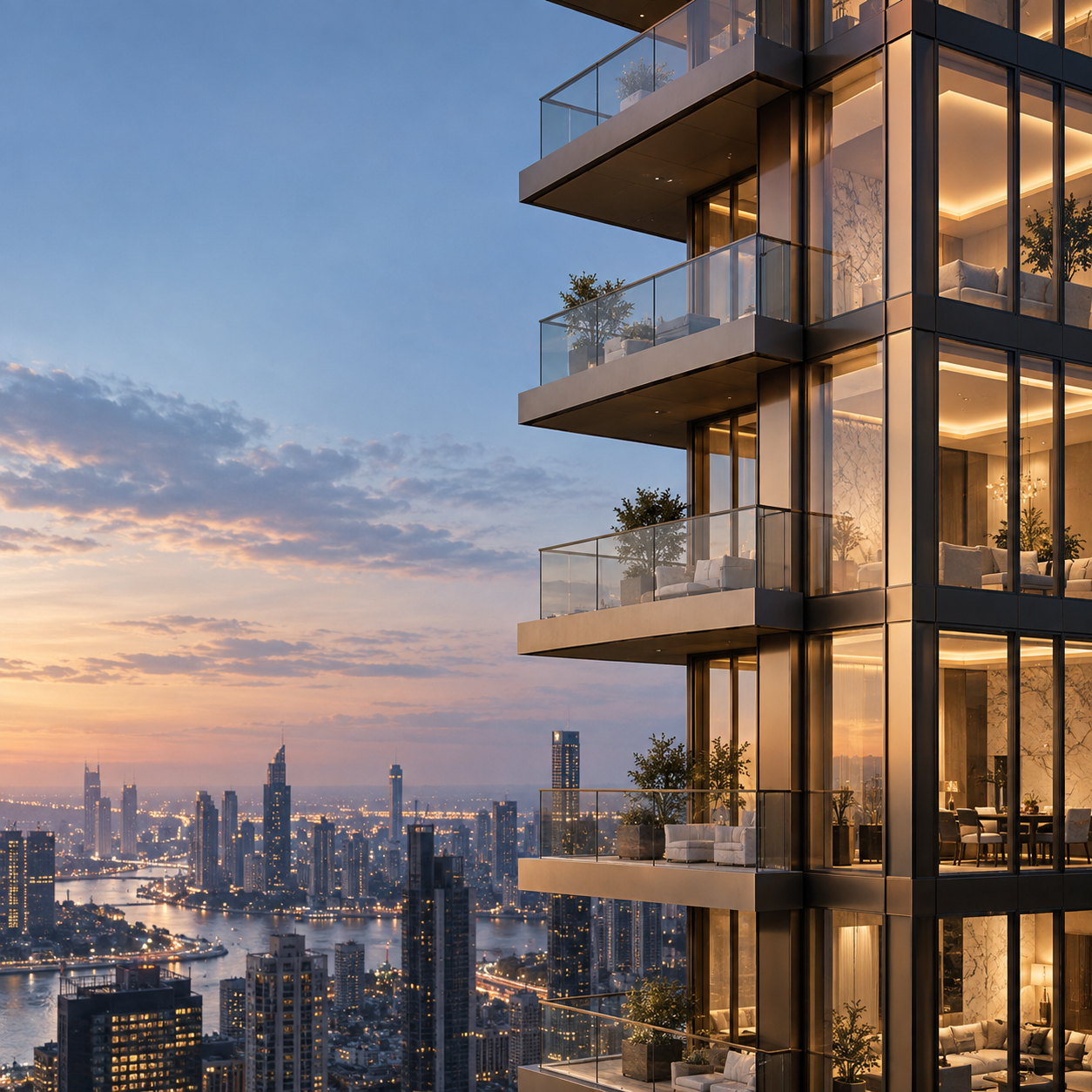 Architectural corner of bronze-glass tower with warm interior glow, cropped repeating balconies against soft dusk-blue sky, precise material detail.