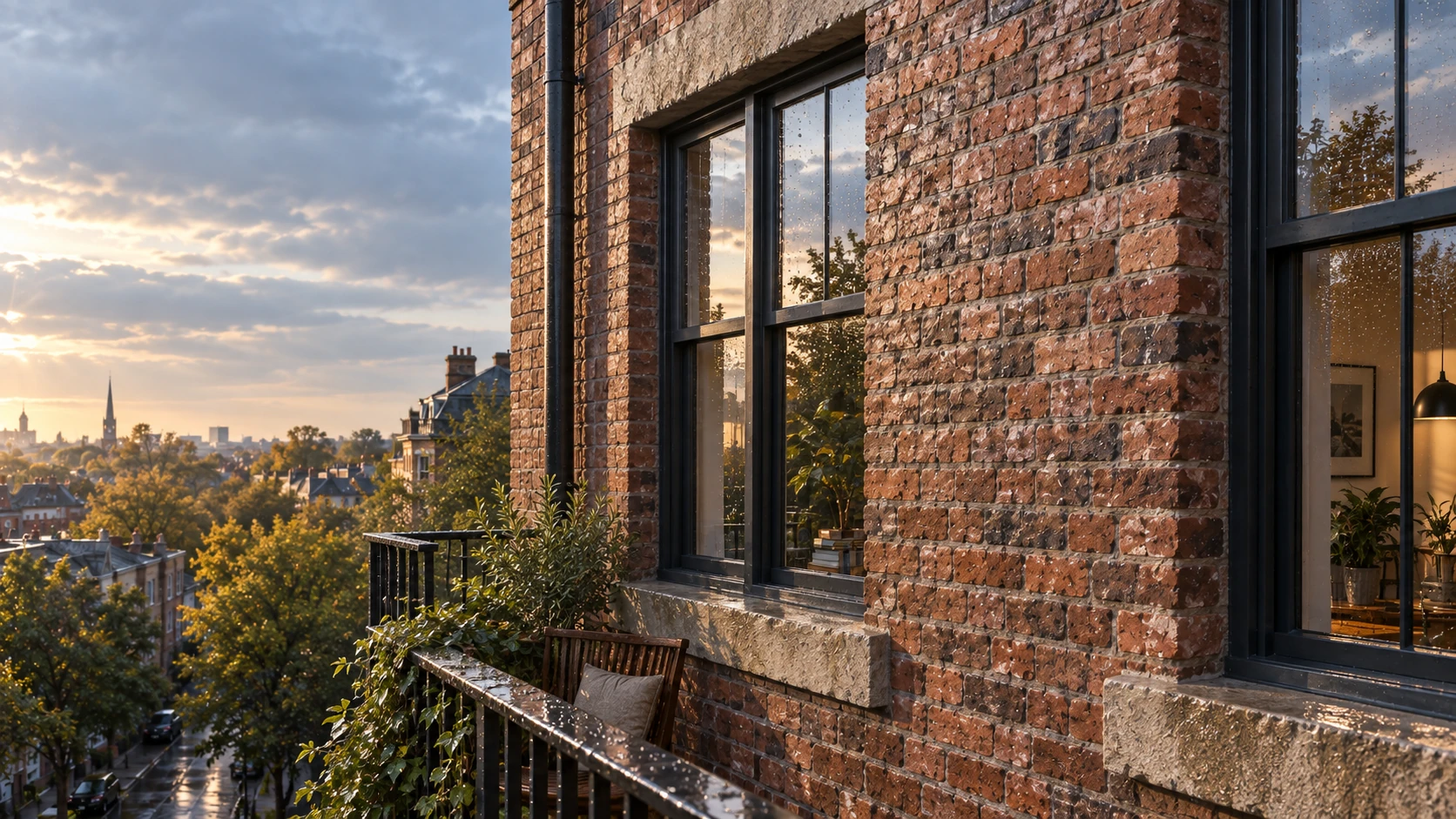 Brick after the rain. Cinematic photographic architecture with tactile sandstone, brick and metal.