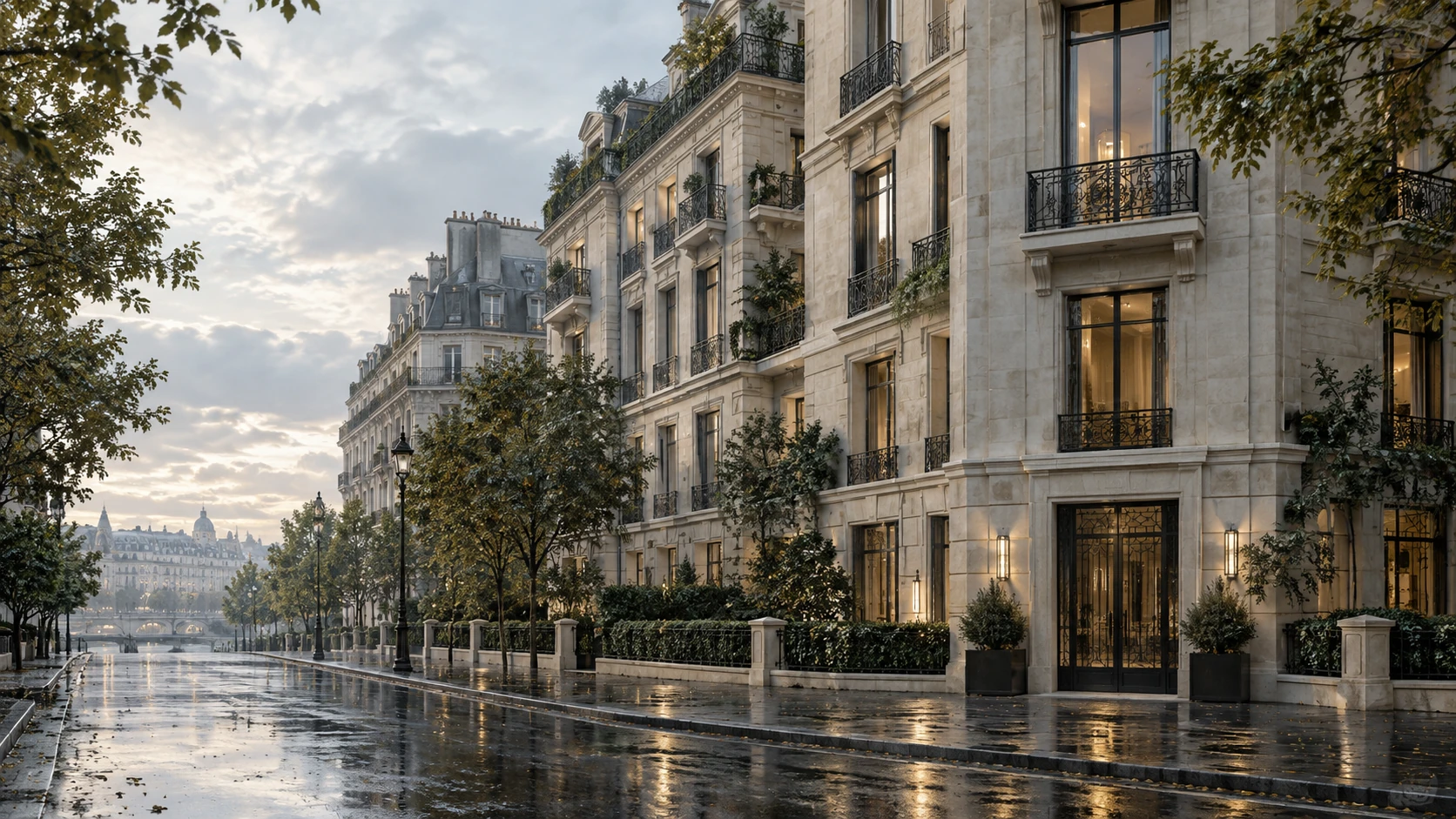 A pale limestone urban apartment block in soft rainy daylight, dark reflective street foreground, muted forest-green trees along edges, refined European city character, no signs.