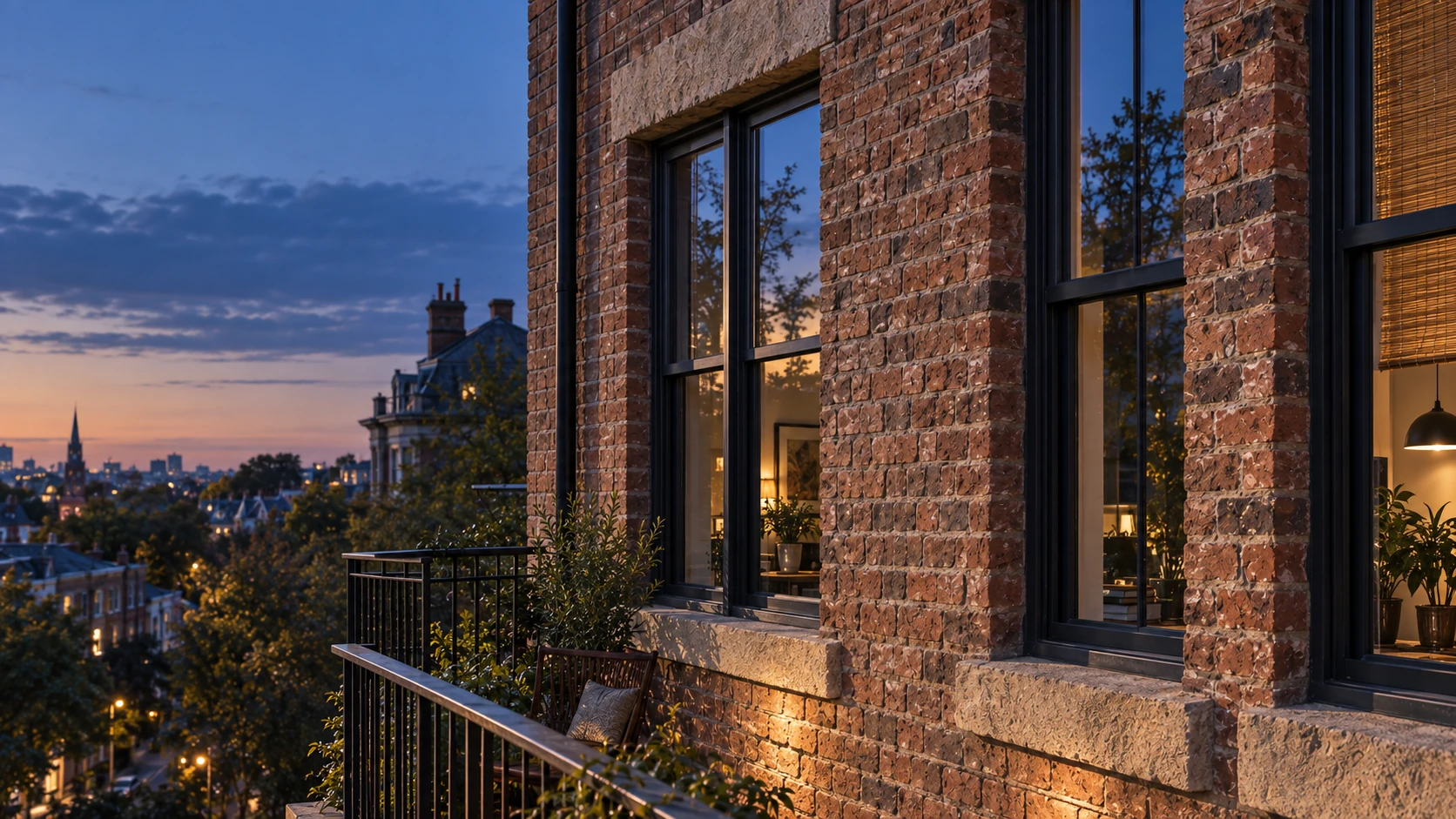 Warm windows at blue hour. Cinematic photographic architecture with tactile sandstone, brick and metal.