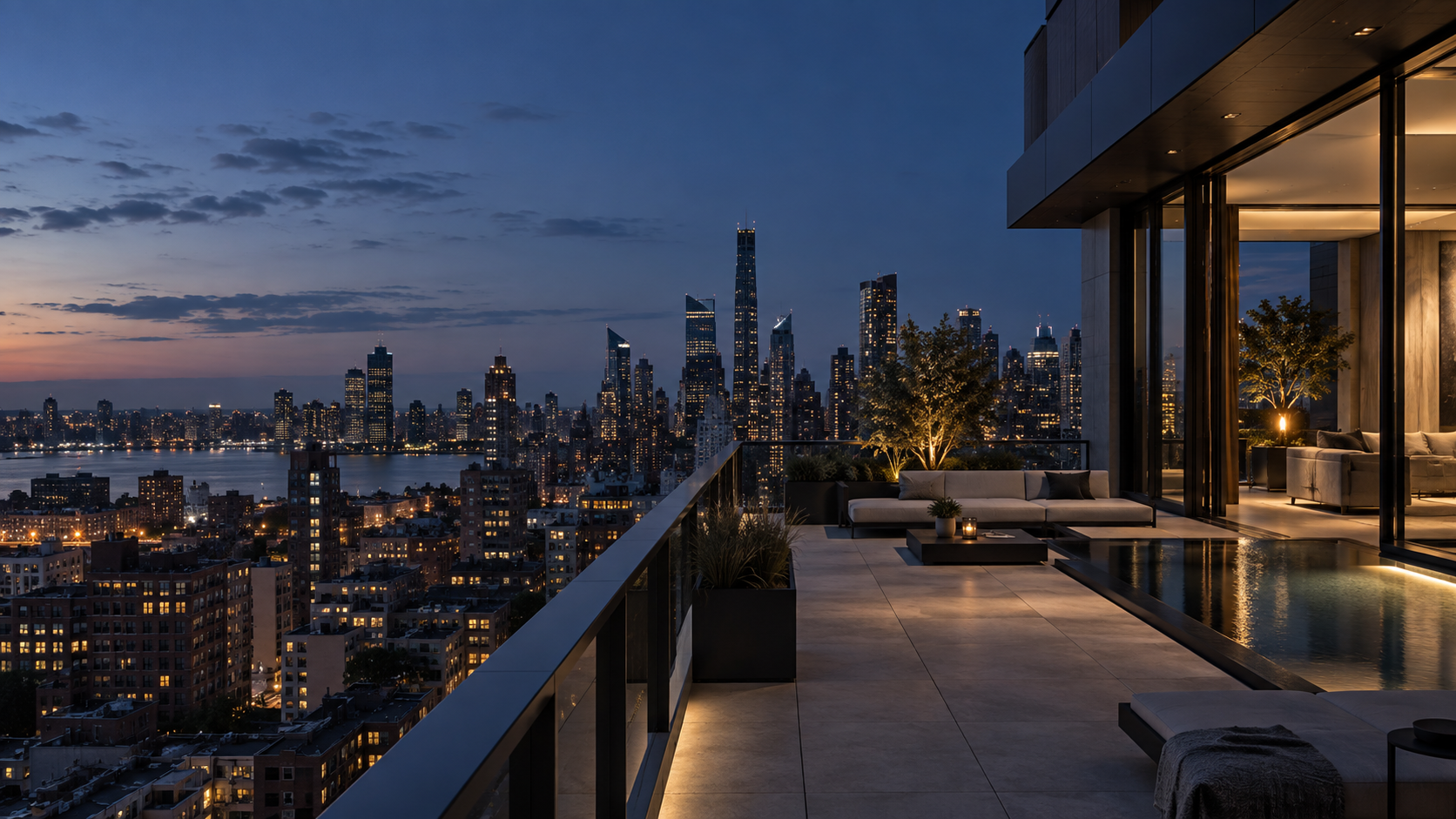 Premium city penthouse terrace at blue hour, graphite railing and tiny warm interior pool of light on right, wide navy city horizon with sparse amber windows.