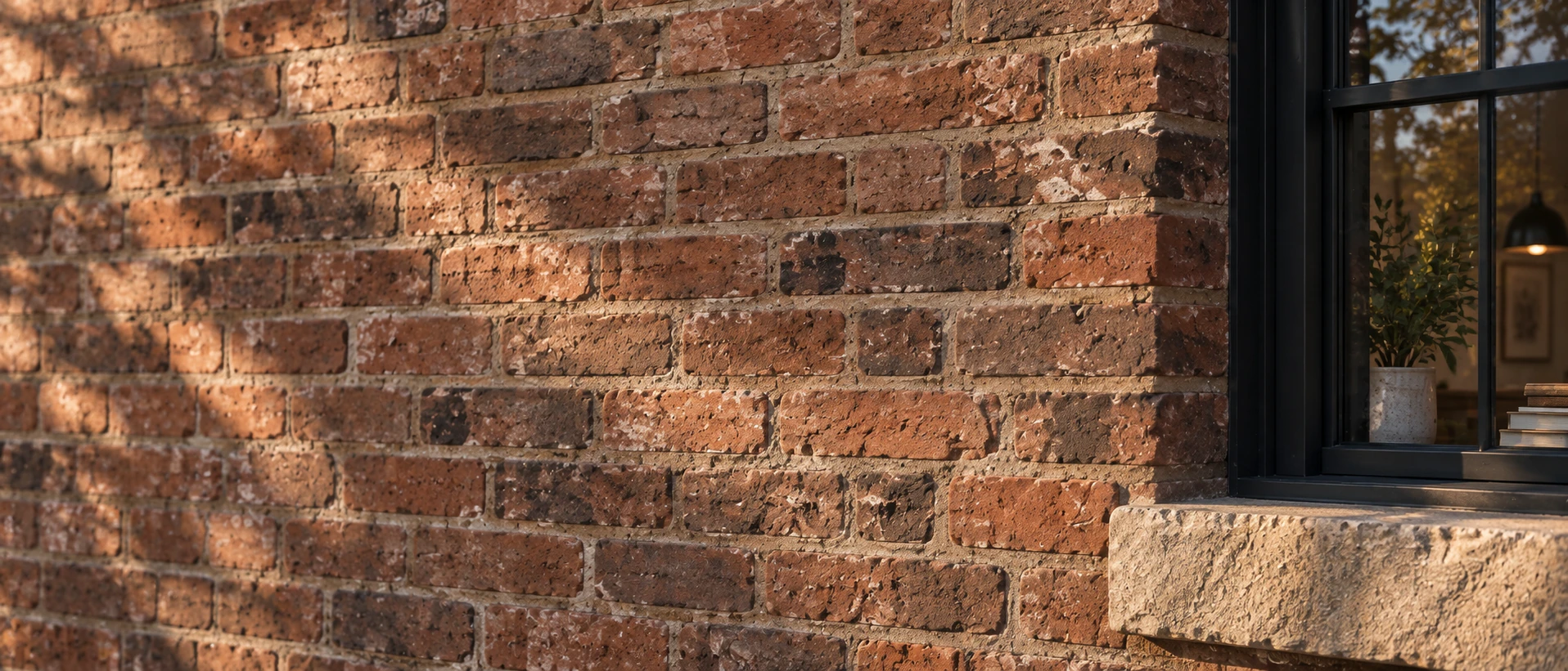 Quiet brick in soft shade. Cinematic photographic architecture with tactile sandstone, brick and metal.