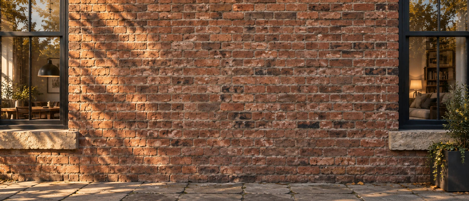 The courtyard wall. Cinematic photographic architecture with tactile sandstone, brick and metal.