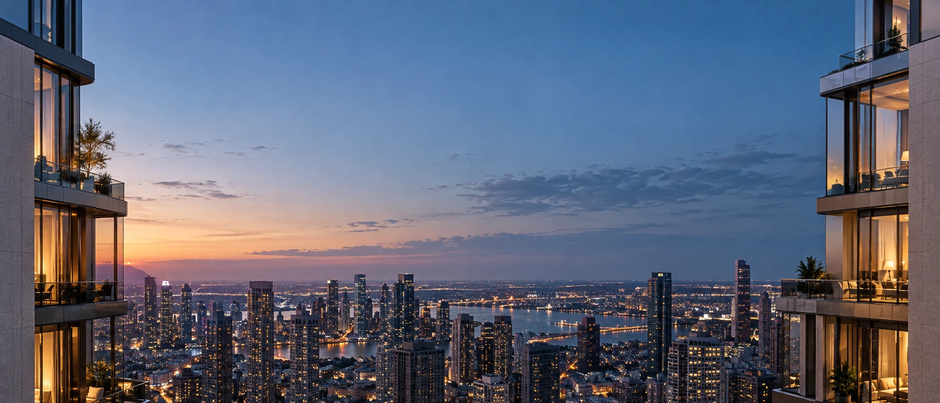Very wide skyline framed by two elegant tower edges at far sides, generous clear dusk-blue central sky and distant city lights, no prominent landmarks.