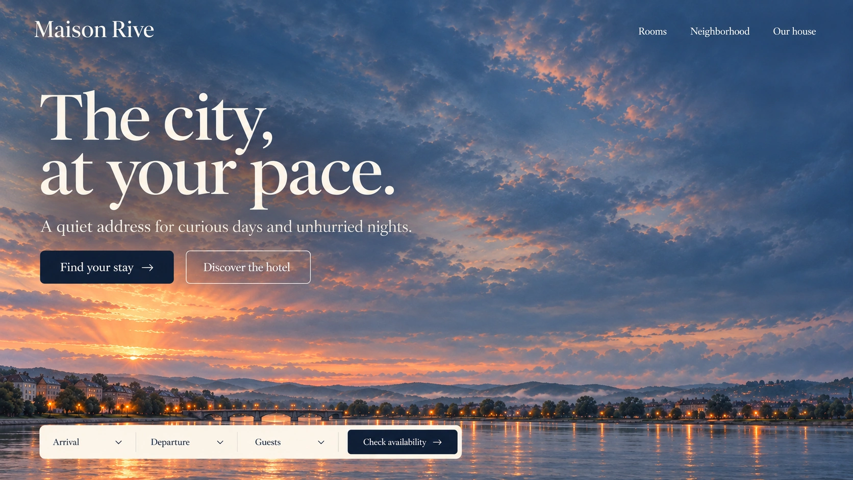 Maison Rive · Boutique riverside hotel. Static website hero mockup using City after rain imagery.