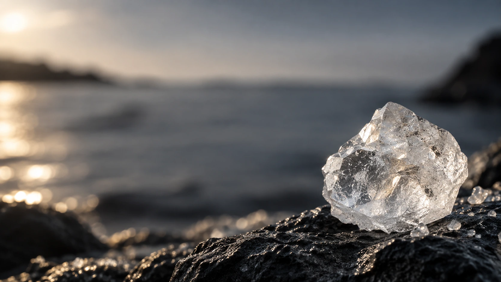 One large irregular translucent sea-salt crystal rests on charcoal stone at the bottom right, intricate refracted interior, grazing white light.