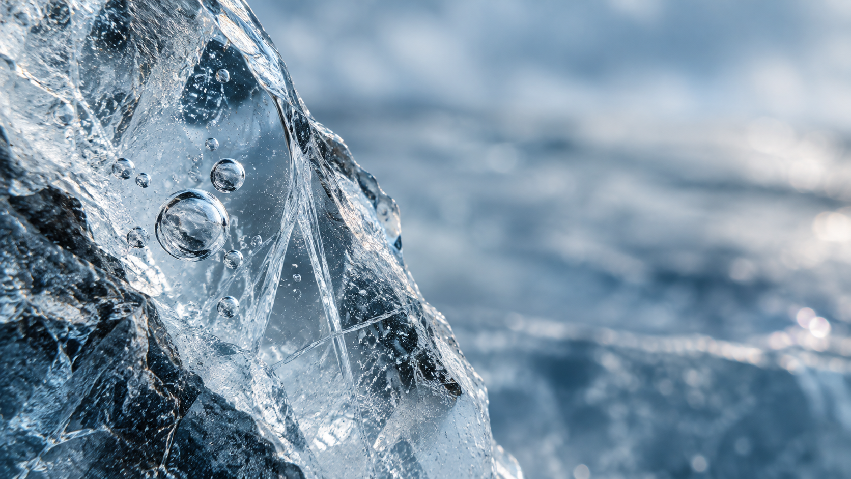Macro section of a crystal-clear ice slab with a few trapped air bubbles and tiny natural cracks, raking cold daylight.