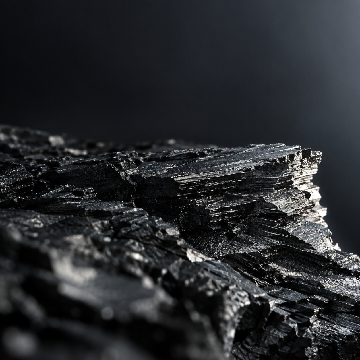 Extreme macro of a fractured graphite slab with thousands of fine metallic layers catching a narrow white light on the right.