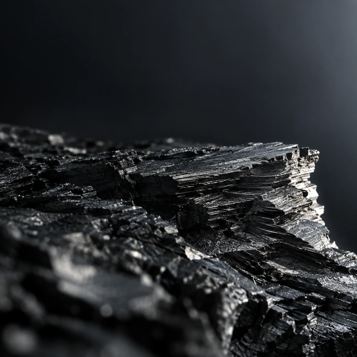 Extreme macro of a fractured graphite slab with thousands of fine metallic layers catching a narrow white light on the right.