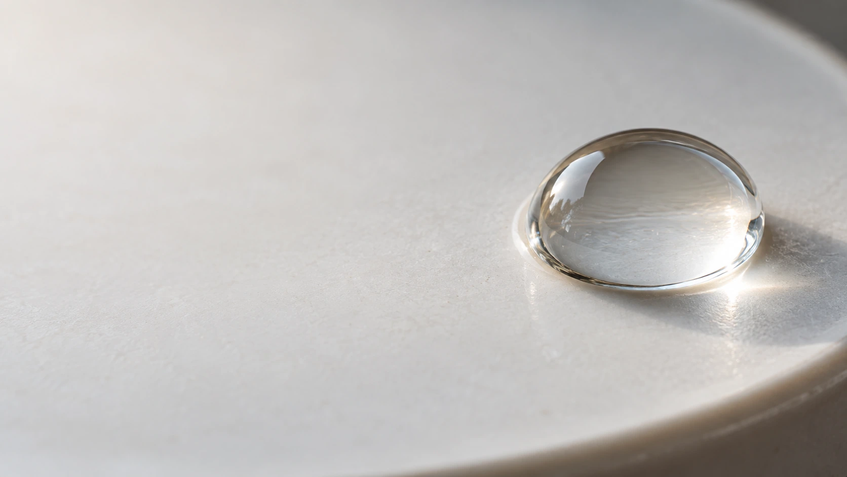 A single large clear water droplet sits on matte pale porcelain near the right edge, minute meniscus and accurate refraction.