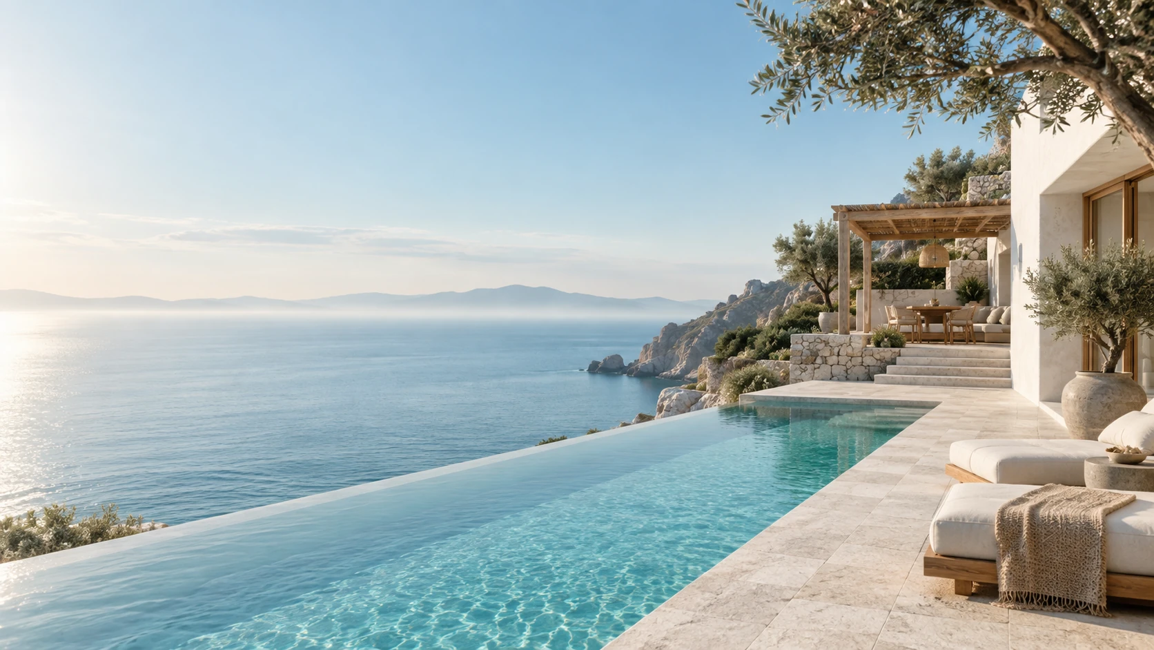 Contemporary whitewashed sea-facing villa on RIGHT with stone terrace and slim infinity pool, left 60 percent tranquil pale turquoise sea and misty horizon, morning marine glow.