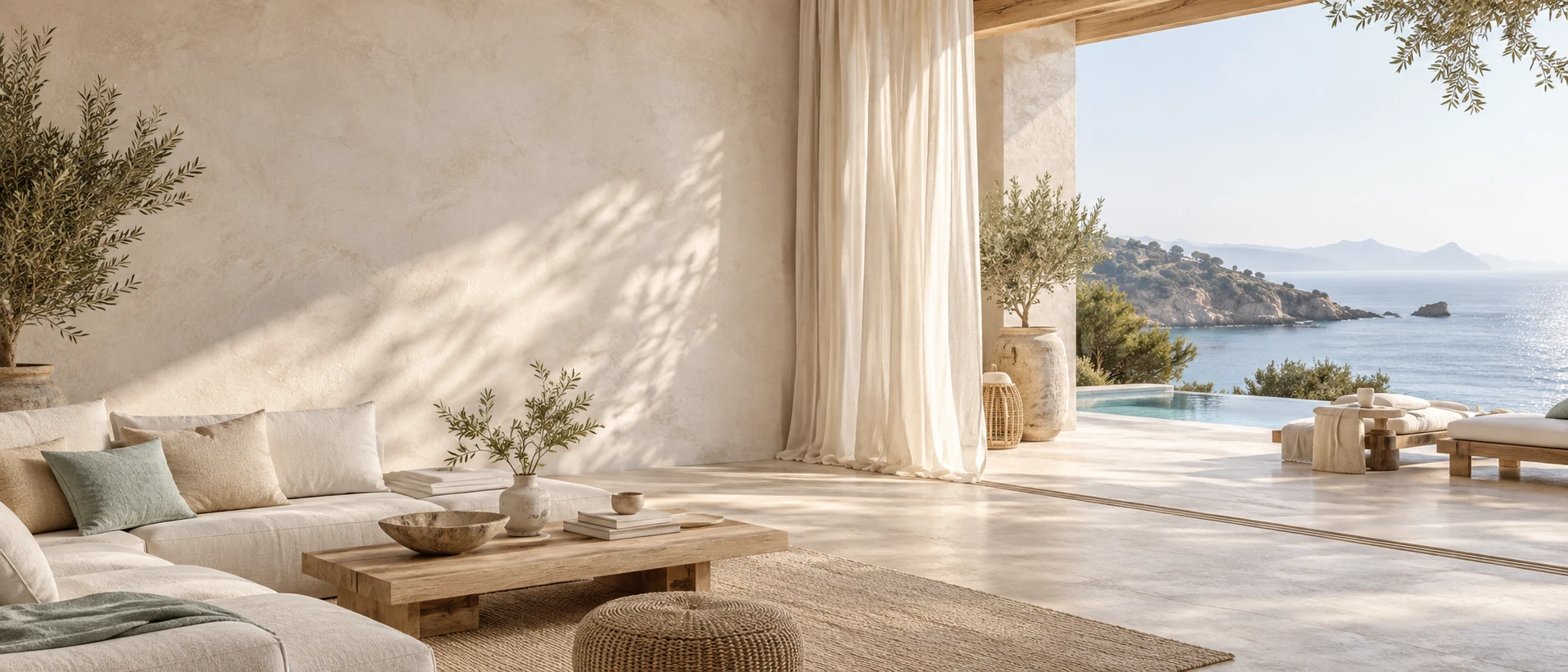 Wide airy living room opening toward sea on right, pale linen curtains and low cream sofa, sunwashed plaster wall on left for headline, minimal warm oak accents.