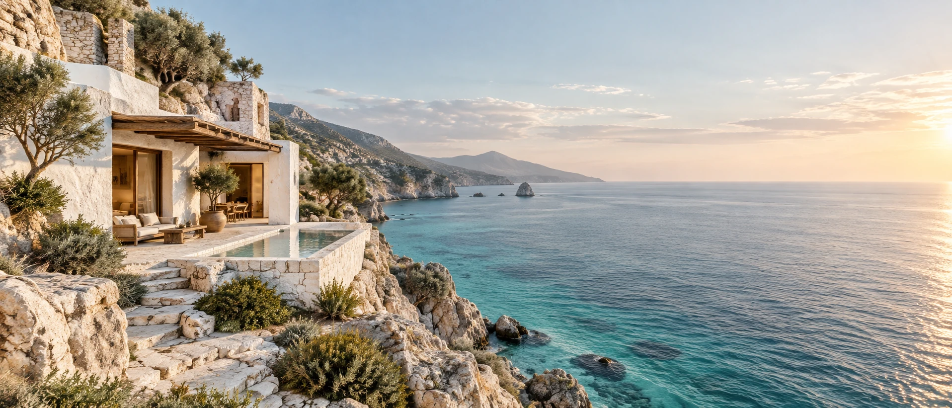 A white mineral-plaster coastal home on LEFT tucked into pale limestone cliff, right half vast soft turquoise sea and pale sky, peaceful late afternoon light.