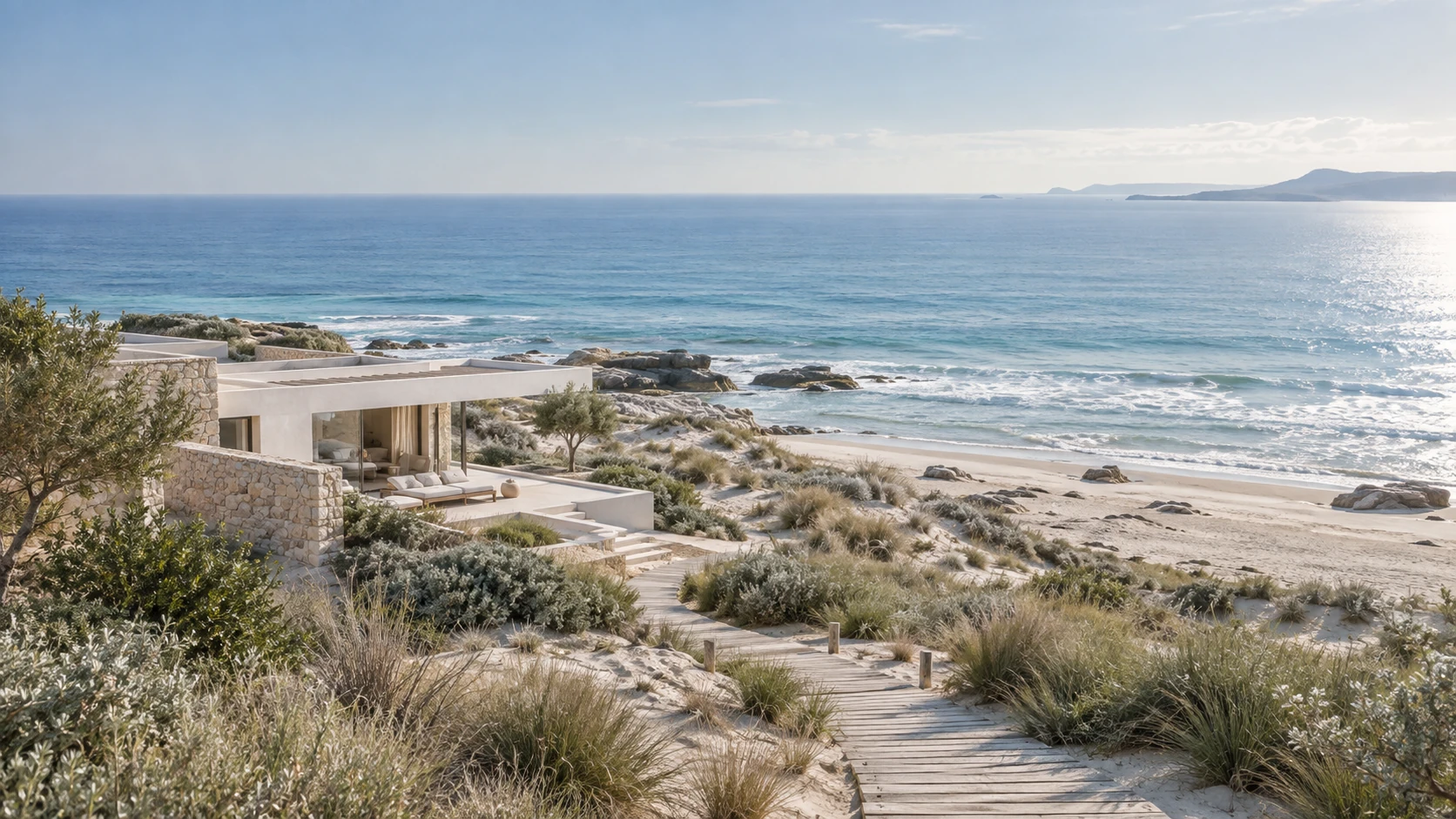 Elevated wide view of a low modern coastal villa integrated into sandy dunes, boardwalk and native grasses, ocean occupying upper half, delicate pale blue palette.