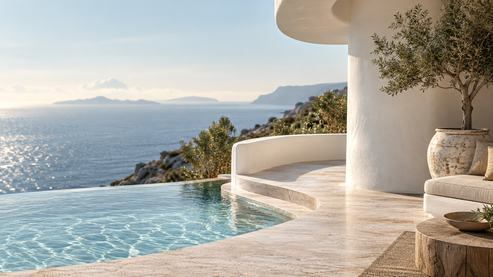 Close tactile study of white curved balcony and pale travertine terrace with soft reflected pool ripples, distant sea bokeh, elegant quiet architectural abstraction.