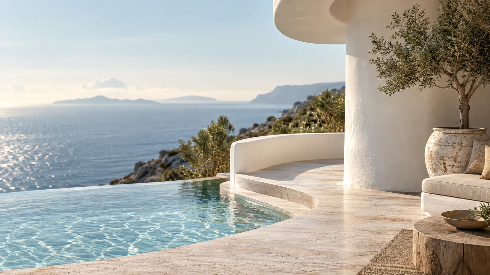 Close tactile study of white curved balcony and pale travertine terrace with soft reflected pool ripples, distant sea bokeh, elegant quiet architectural abstraction.
