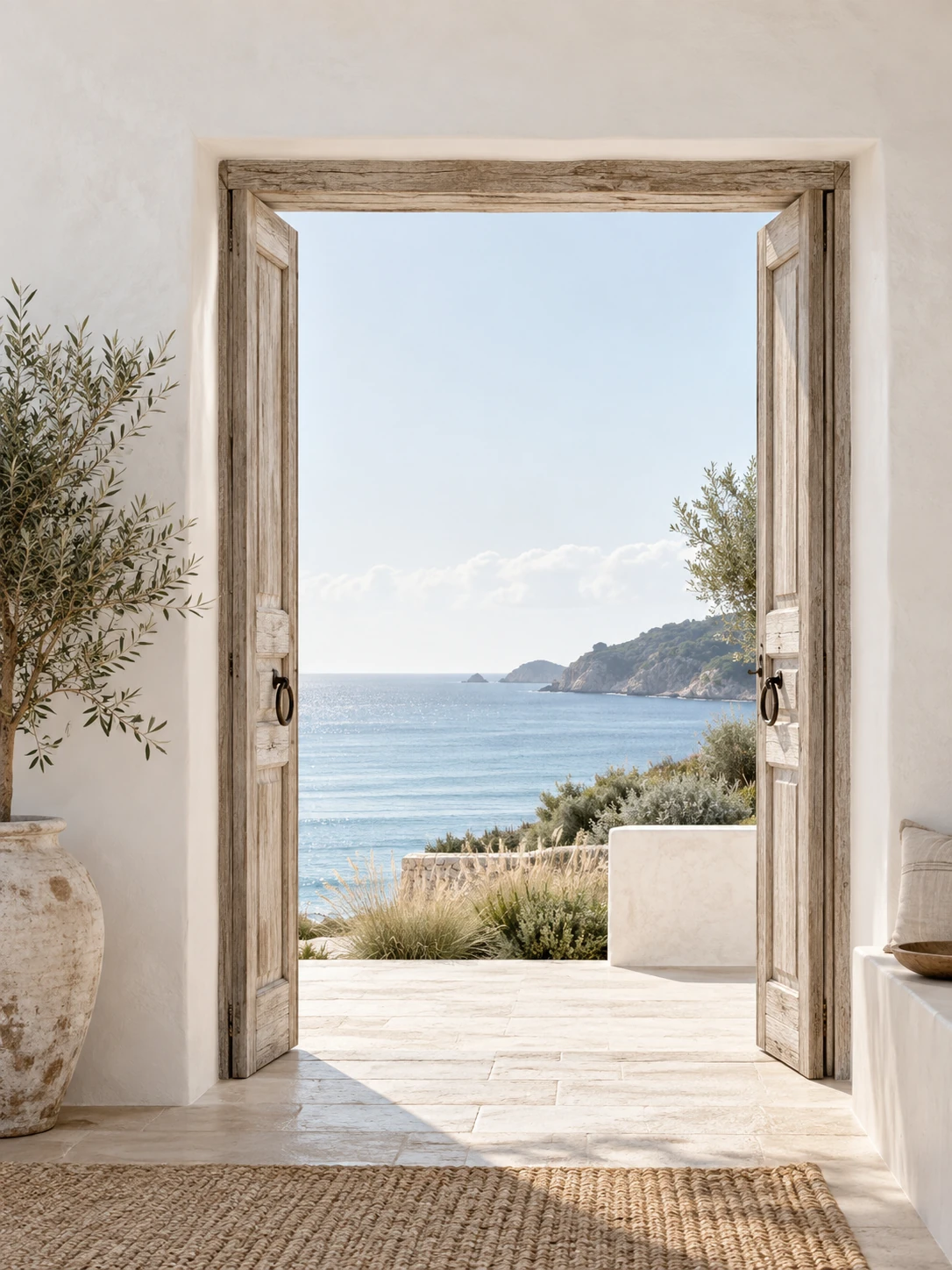 Tall whitewashed doorway opening onto pale blue sea, a low terrace and native coastal grass at bottom, generous soft white wall above.