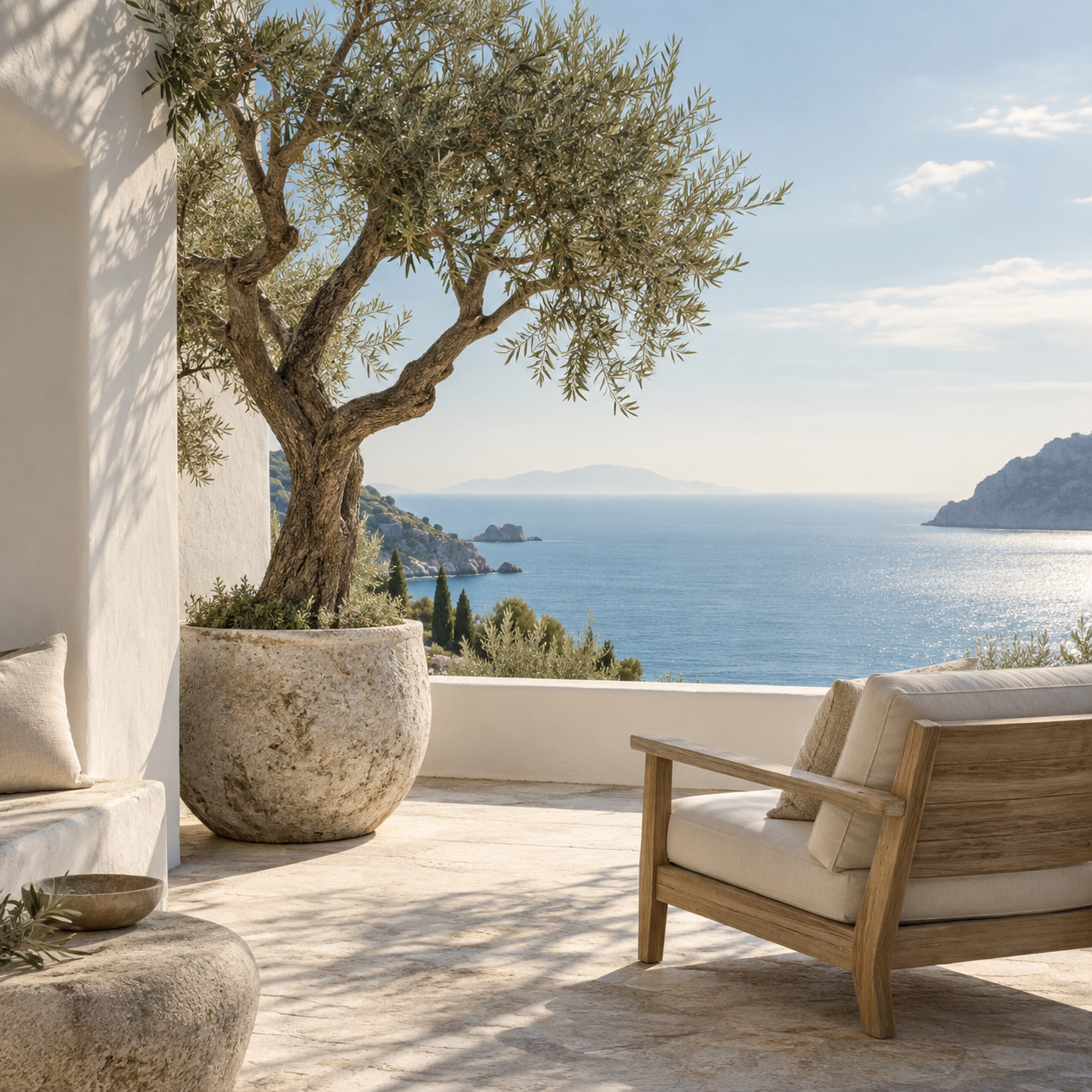 White plaster terrace corner, one sculptural olive tree in natural stone planter, luminous sea beyond and pale oak outdoor chair, restrained composition.