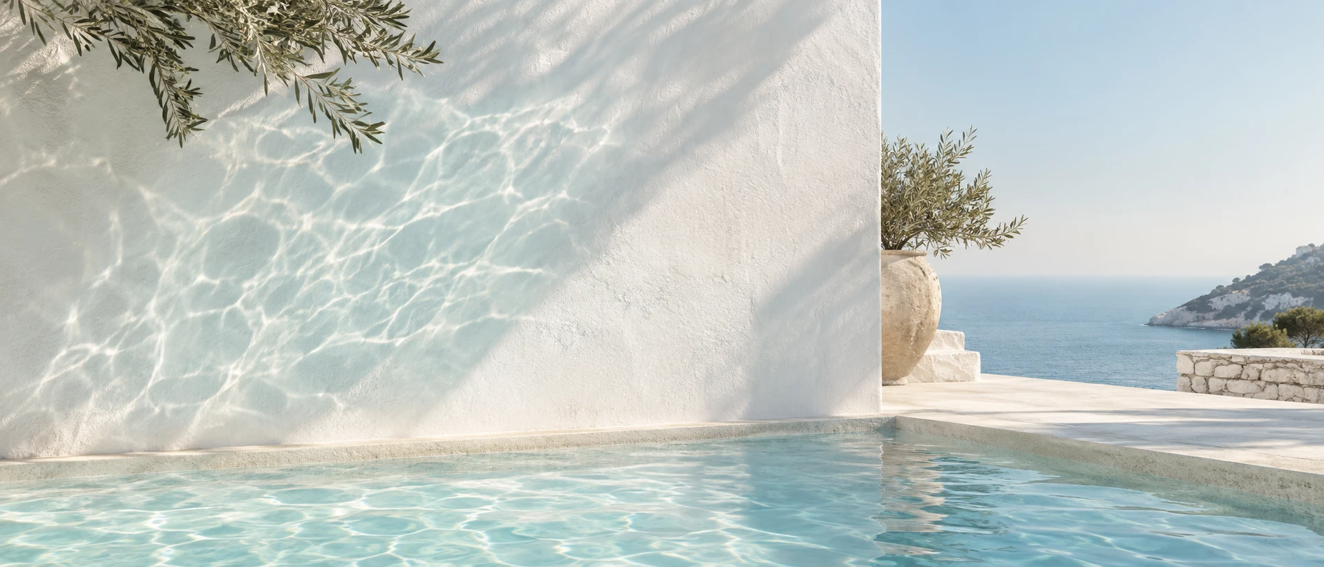 Minimal pale turquoise swimming-pool reflections crossing a sunlit white plaster wall, tiny sea horizon low at far right, abstract airy low-detail website background.