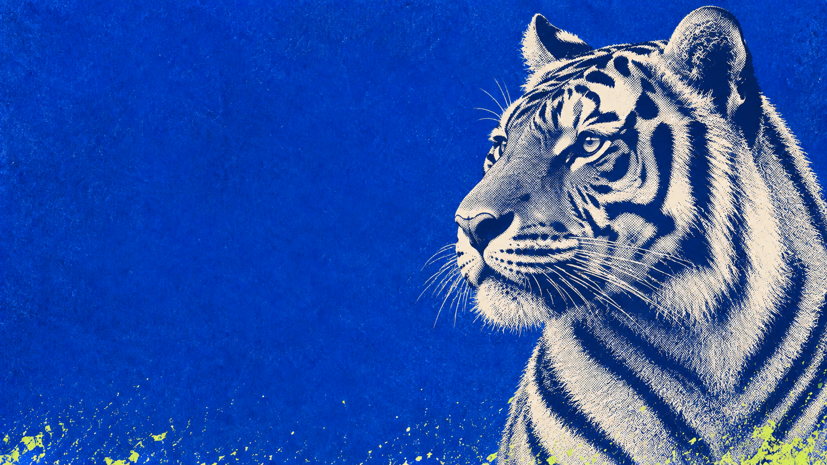 Cobalt halftone tiger. Ivory wildlife in striking cobalt screenprint.